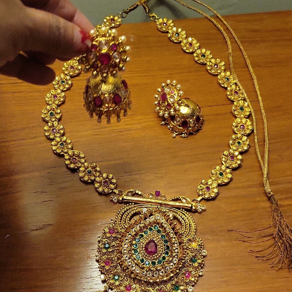 Gold and Red Necklace and Earring Set